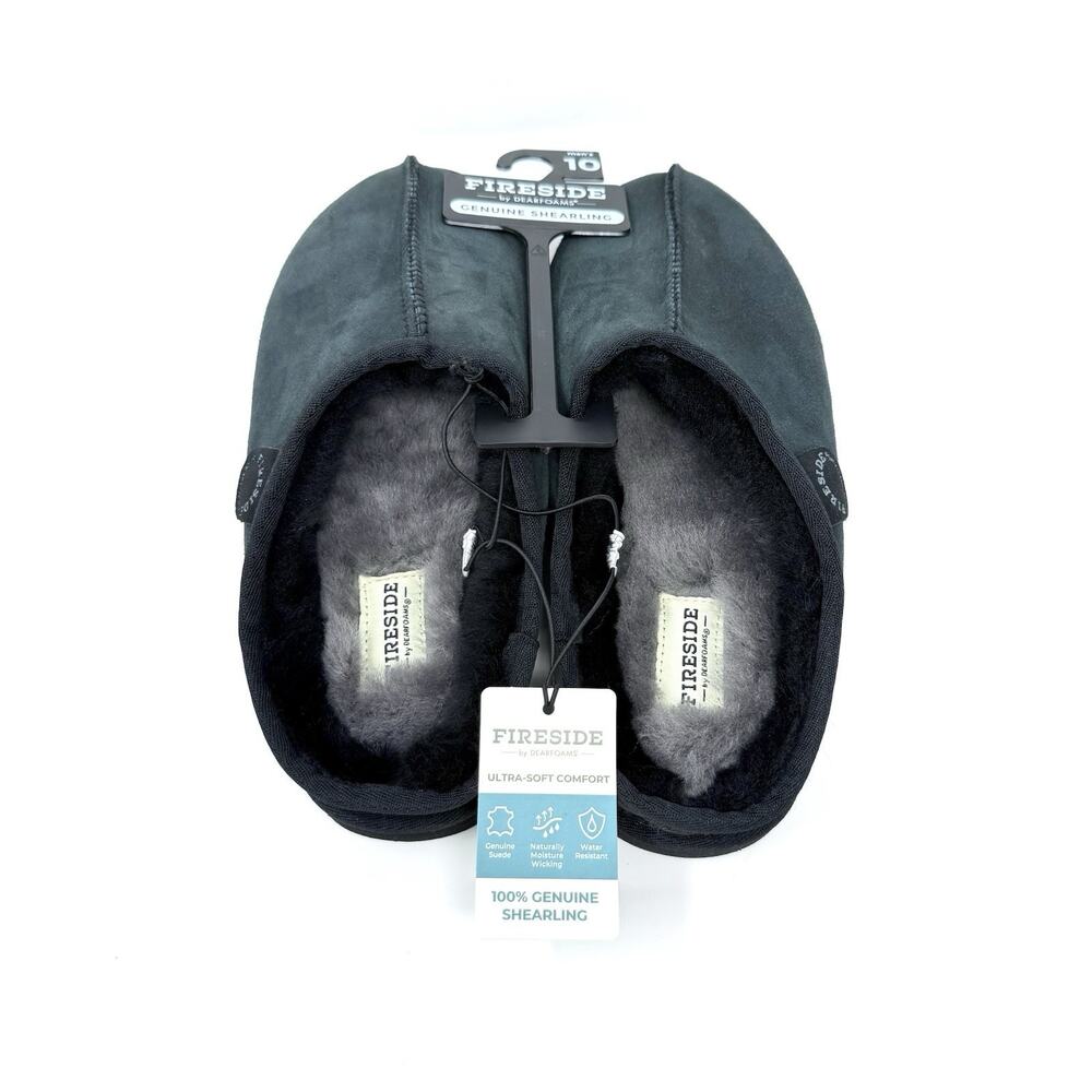 Dearfoams Fireside Men Slippers Black Genuine Shearling Suede Size 10 New